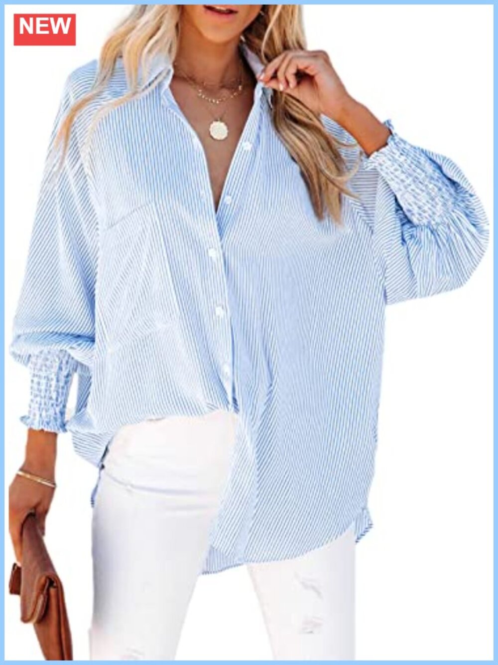 Women's Striped Button Down Blouse Cotton Blend Long Sleeve Smocked Cuff